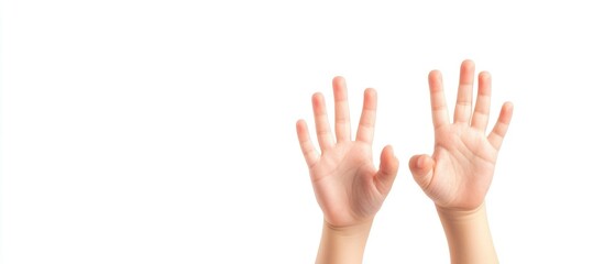 Hands raised in a greeting gesture over white background with ample copy space for text or design elements