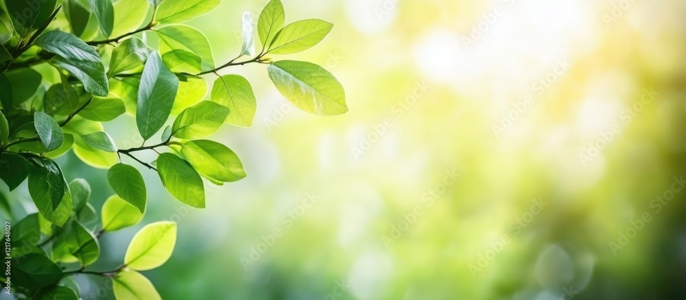 Poster Bokeh effect of morning sunlight through lush green leaves creating a serene atmosphere with ample space for text or branding.