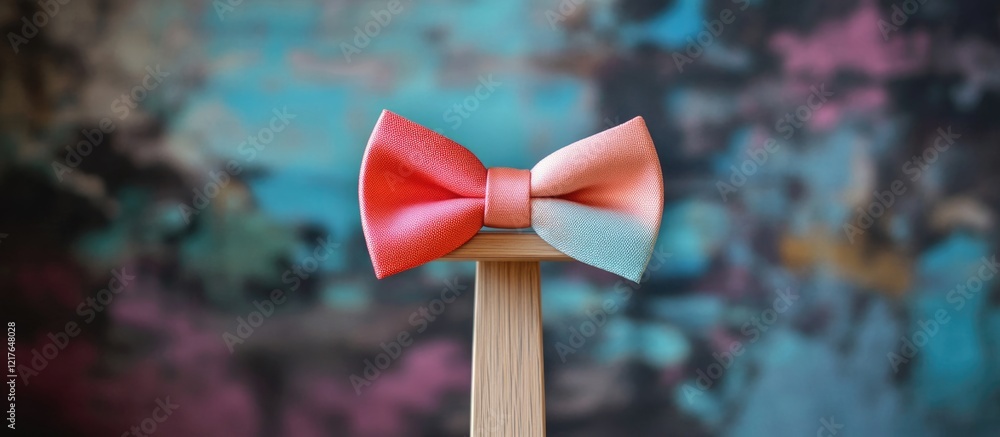 Poster Colorful Bow Decoration on Wooden Stand in Artistic Loft Setting with Abstract Background and Space for Custom Text