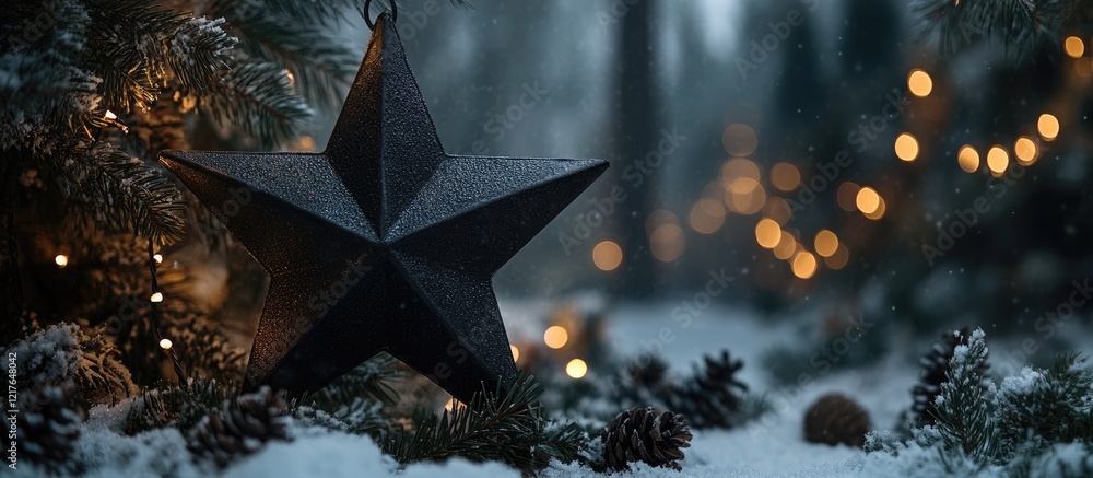 Poster black star with string lights and fir tree in serene winter landscape featuring soft snow and perfec