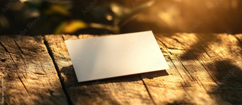 Poster blank card on sunlit wooden surface with natural bokeh background and ample copy space for personali