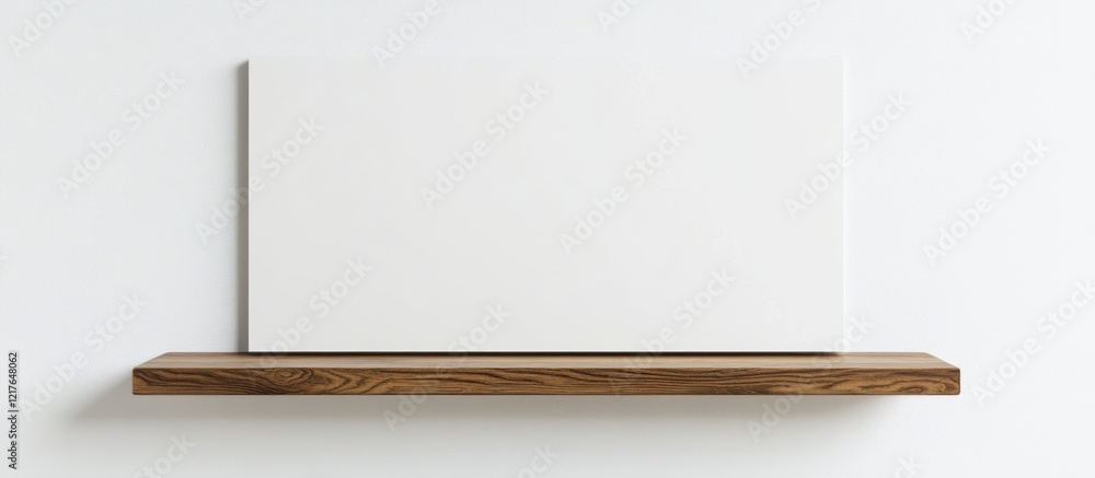 Poster blank canvas on wooden shelf against white wall for custom text or artwork display