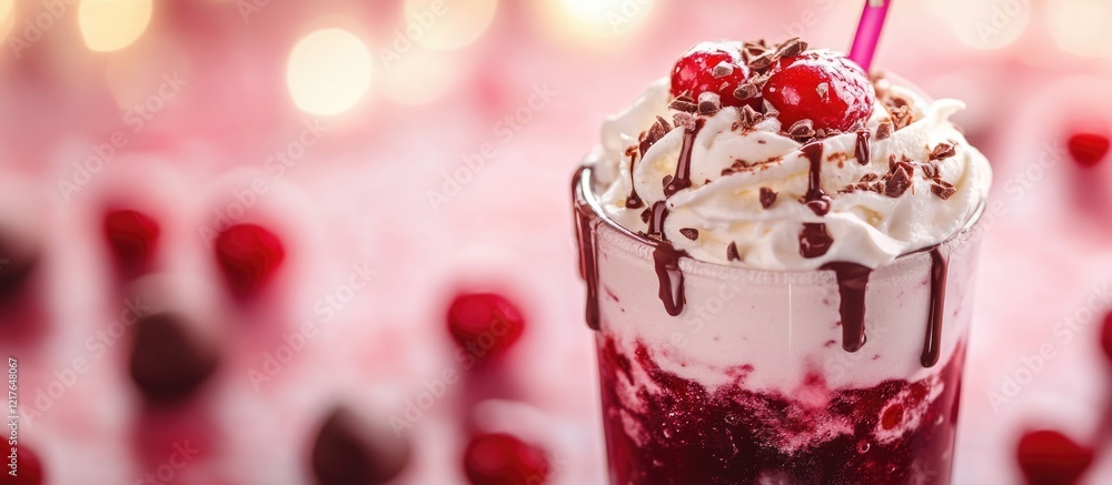 Poster delicious raspberry chocolate milkshake with whipped cream and cherries on top with blurred backgrou
