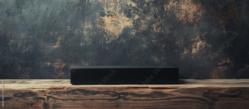 Poster minimalistic black rectangular platform on rustic wooden table with neutral background for text plac
