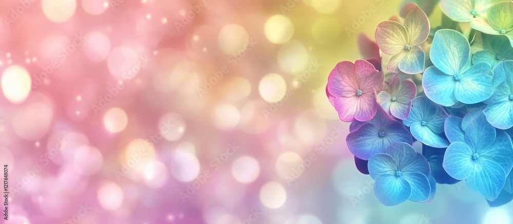 Poster vibrant rainbow hydrangea flower with a dreamy bokeh background ideal for text overlay and creative 
