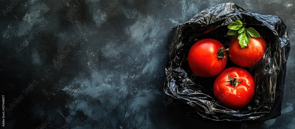 Poster Black Plastic Bag with Fresh Red Tomatoes Illuminated by Sunlight and Empty Space for Text on Dark Background