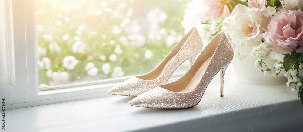 Poster elegant bridal shoes on a sunlit window ledge surrounded by flowers with ample space for personalize