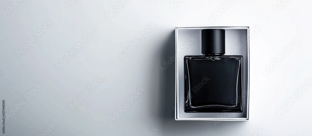 Poster elegant black perfume bottle in white box on minimalistic background with ample copyspace for brandi