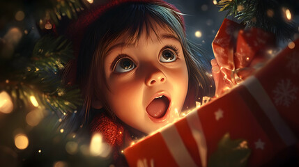 Child's eyes lighting up with pure excitement as they discover a surprise gift under the Christmas tree