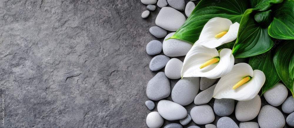 Aufkleber elegant calla lily flowers on smooth pebbles creating a serene background with space for text or vis