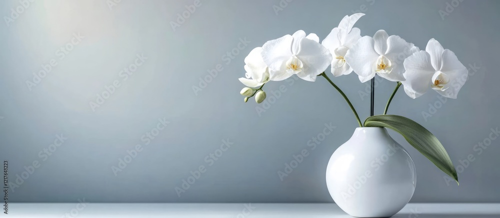 Poster elegant white orchid bouquet in modern white vase on soft gray background with empty space for text 