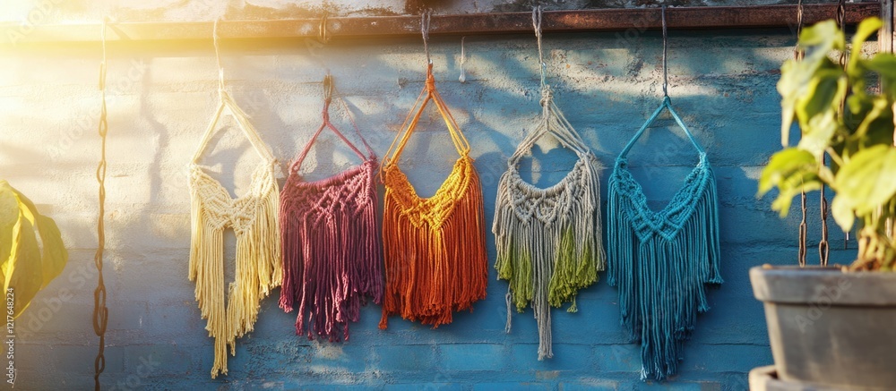 Poster bohemian chic colorful macrame hangers in bright urban space with text copyspace and lush greenery f