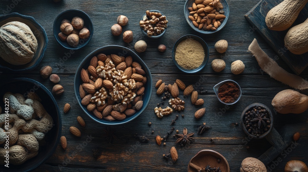 Poster variety of nuts and spices displayed in rustic bowls on a wooden table creating a warm and inviting 