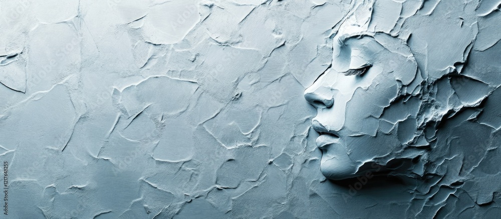 Aufkleber Textured blue gray background with artistic face relief and ample copyspace for creative design and text integration.