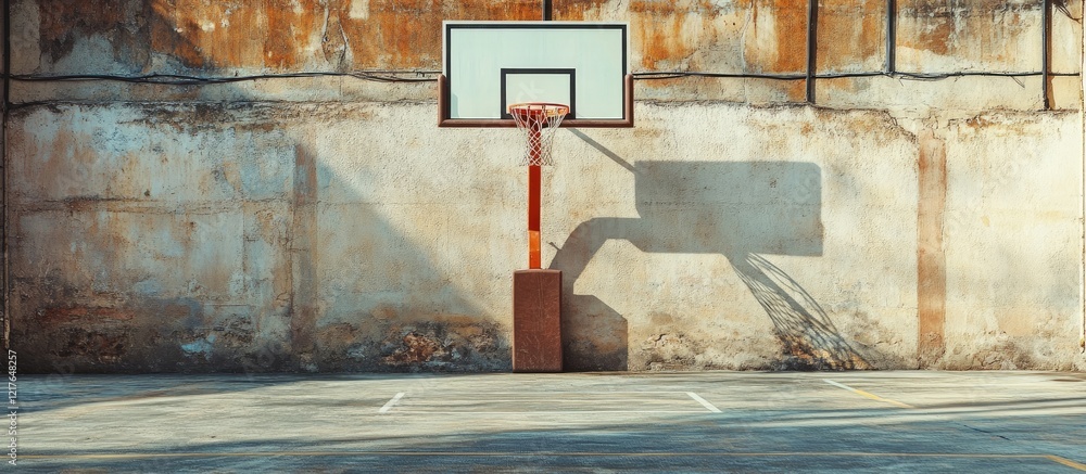 Poster close up of abandoned basketball hoop against weathered wall with empty space for text and shadow pa