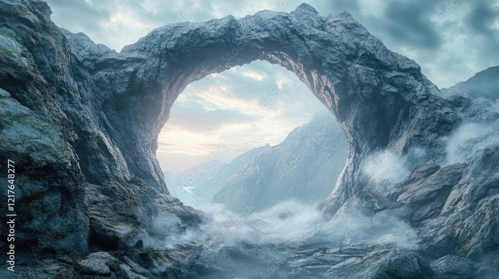 Aufkleber Surreal Rocky Archway in Ethereal Mountain Landscape Creating a Calming Atmosphere with Illuminated Desert Aesthetics and Dreamy Serenity