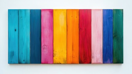 Colorful wooden panels arranged vertically with various shades including blue, pink, orange, and yellow on a white background with Copy Space.