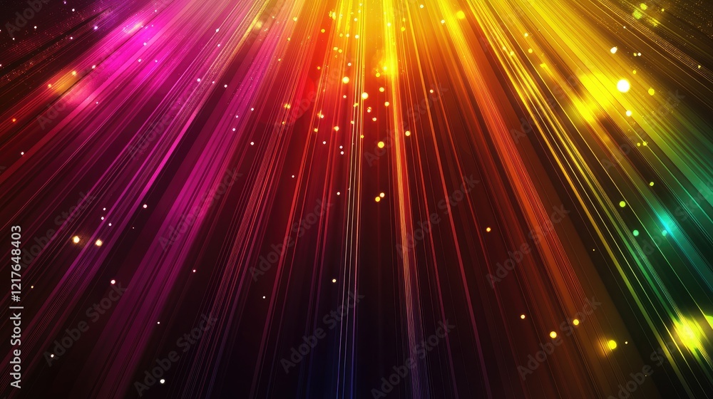 Poster colorful abstract light rays with glowing particles against a dark background suitable for various d