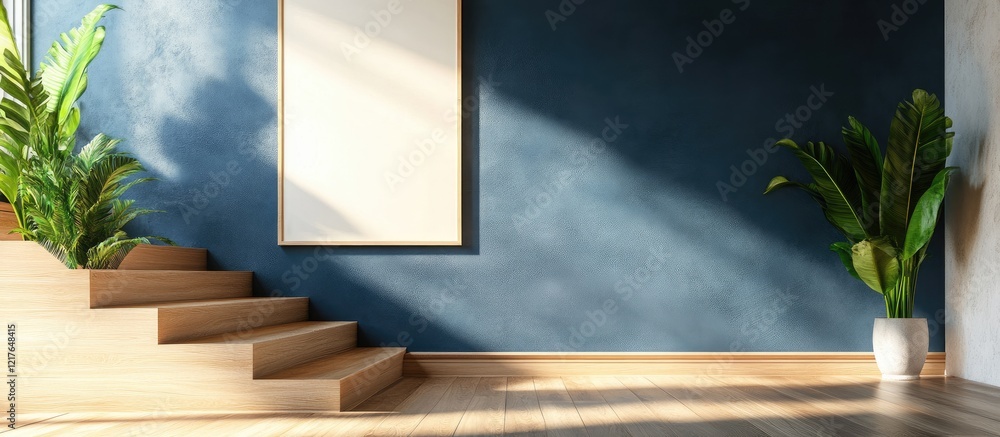 Poster bright and inviting hallway featuring a wooden staircase and decorative plants perfect for showcasin