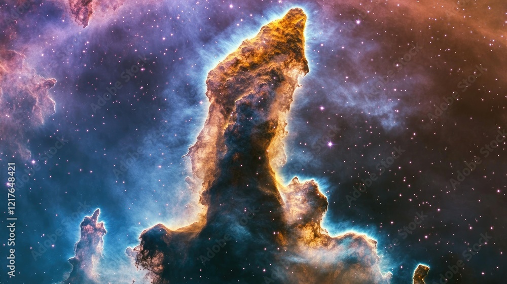 Poster astronaut navigating through a dazzling nebula within a colorful and vast galaxy scenery