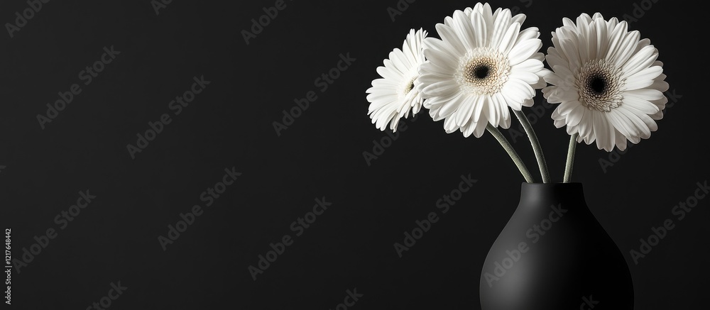 Poster elegant black vase with white gerbera daisies on dark background featuring ample copyspace for text 