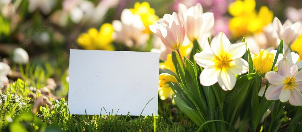 Poster spring flowers surrounding a blank card mockup on green grass offering ample copyspace for personali