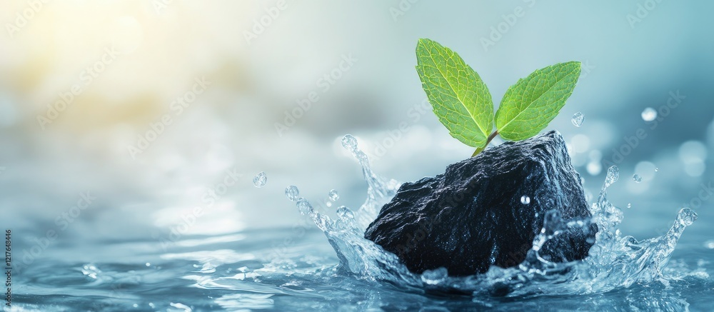 Poster black stone splashing into water with mint leaf and soft focus background for text placement