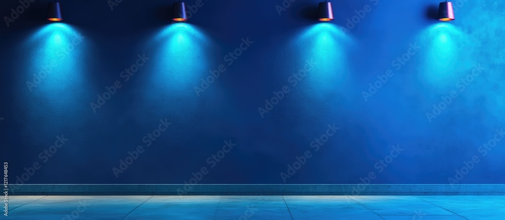 Aufkleber Vibrant blue wall illuminated by colorful spotlights with ample empty space for creative text or design placement