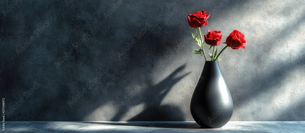 Poster elegant black vase with red flowers casting shadows on stone surface with natural sunlight and copys