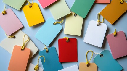 Assorted Colorful Tags and White Calling Cards on a Light Background for Branding and Personalization Concepts