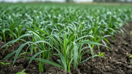Obraz premium Young green plants growing in fertile soil of an agricultural field with depth of field effect and ample Copy Space