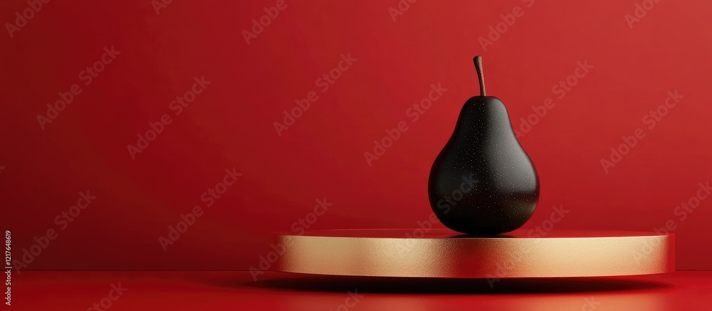 Poster black pear on golden platform in red room minimalist decor with copyspace for text ideal for adverti