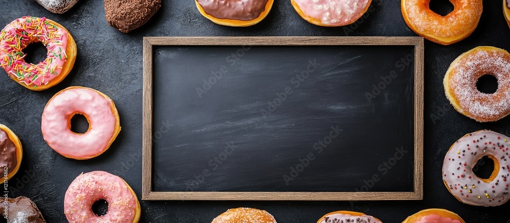 Aufkleber Blackboard Surrounded by Colorful Donuts and Sweets Featuring Blank Space for Custom Text or Message