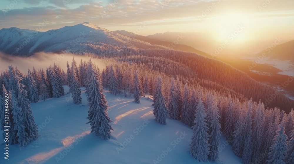 Poster aerial view of snow-covered mountains during sunset with trees in the foreground and soft clouds in 