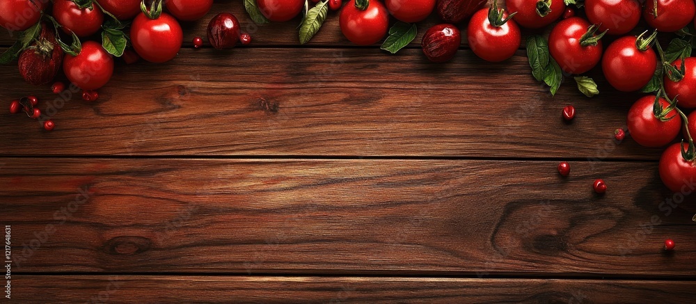 Aufkleber Fresh ripe red tomatoes displayed on a rustic wooden table with ample empty space for text or branding elements.