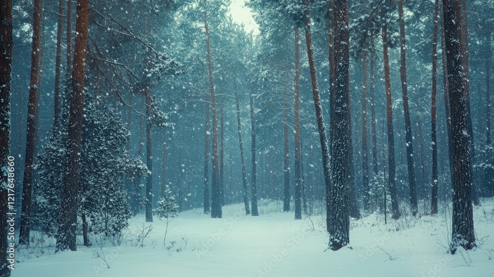 Poster snowy forest landscape with tall pine trees during snowfall, winter scenery with copy space for text