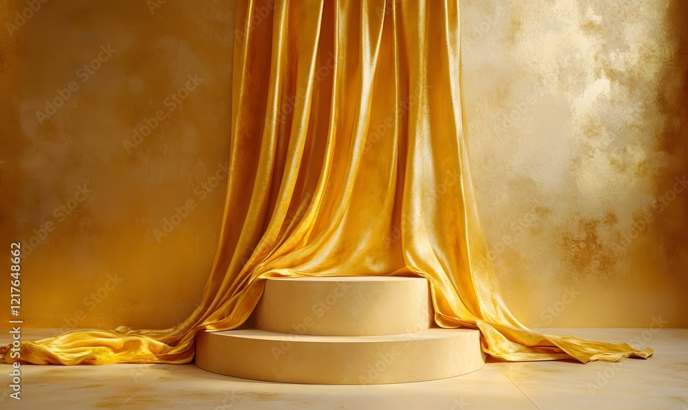 Aufkleber elegant display with golden fabric draped over a double platform stage setting