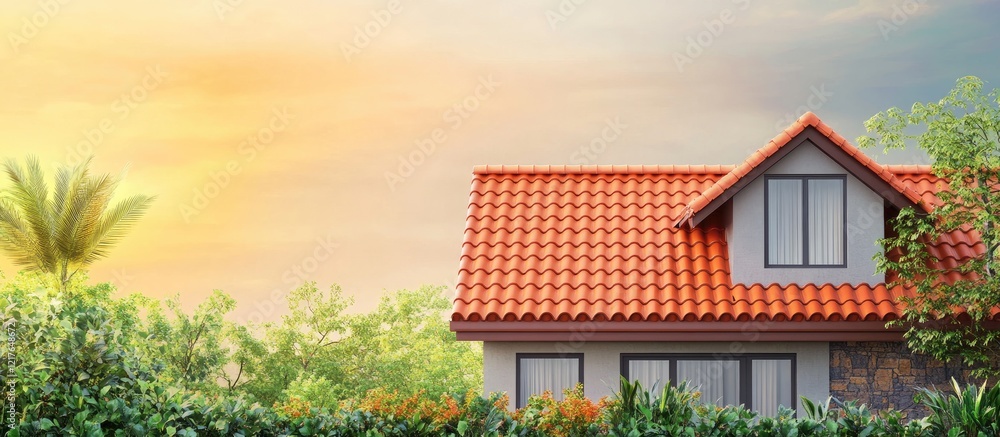 Poster terracotta tile rooftop house surrounded by lush garden with warm sunset sky and empty space for you