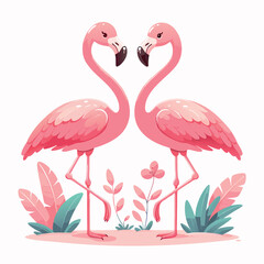 Obraz premium Pair of cartoon pink flamingos amidst tropical landscape vector illustration