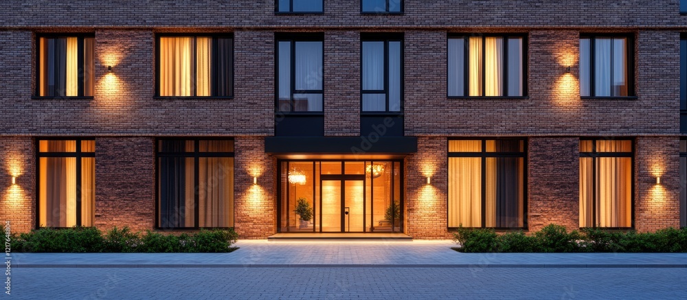 Poster Modern Brick Hotel Facade Architectural Design with Illuminated Windows and Empty Space for Text on Exterior Background