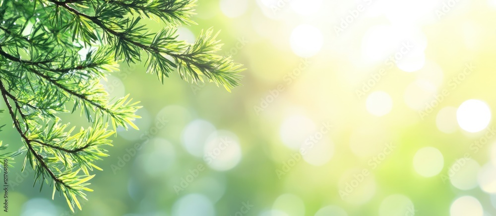 Poster sunlight filtering through evergreen foliage with soft bokeh background and copy space for text plac