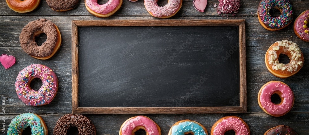Poster blackboard surrounded by colorful donuts and treats with empty space for custom text or promotions