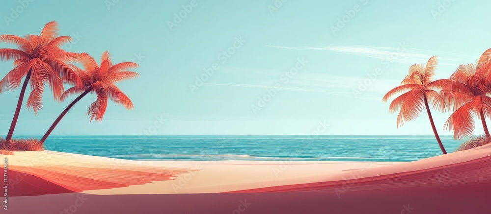 Aufkleber serene beach panorama with vibrant palm trees and tranquil ocean creating a perfect backdrop for tex