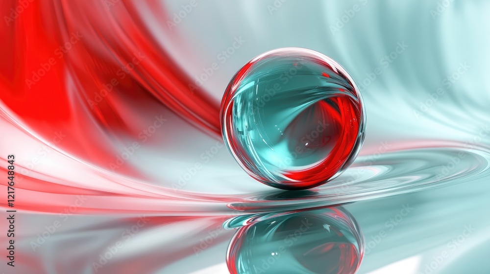 Poster abstract red and turquoise glass sphere on smooth colorful wave background with reflections and copy