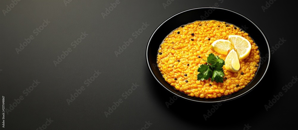 Poster khichdi dal with lentils and rice on black plate garnished with lemon wedges and cilantro featuring 