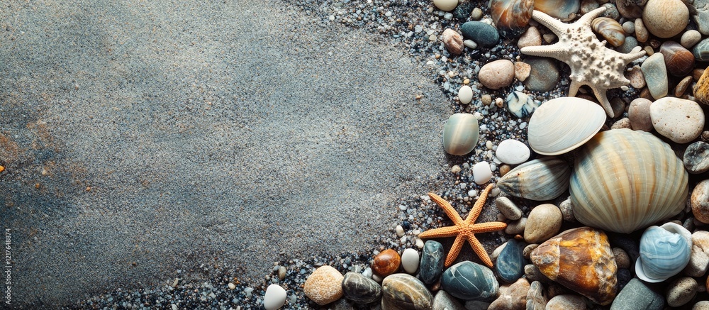Poster beach accessories and sea shells arranged on a pebbly shoreline with ample copyspace for your text o