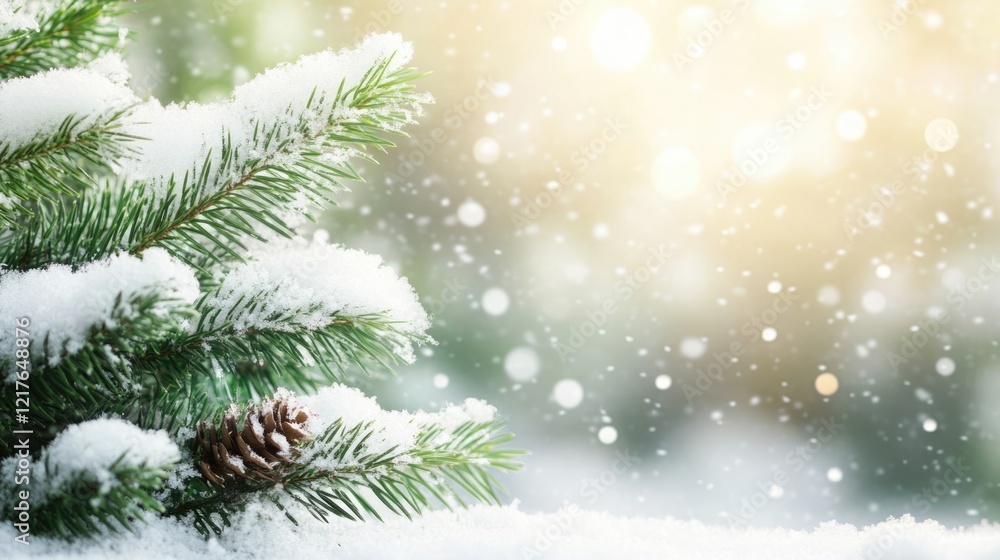 Poster snowy pine branches with a pine cone and soft blurred winter background, vertical composition with c