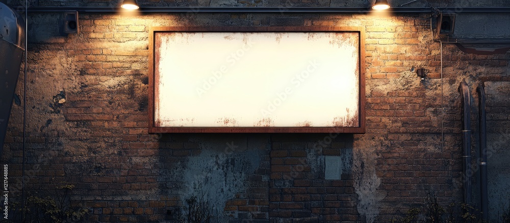 Poster blank billboard on a weathered brick wall illuminated by lights ideal for advertising and promotion 