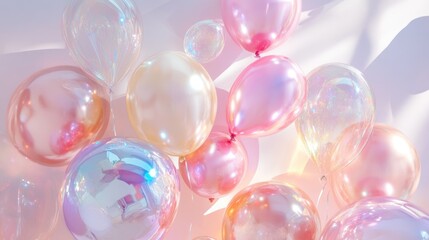 Holographic Balloons in Various Colors Floating Gracefully on a Bright Background for Celebratory Themes and Festive Decorations