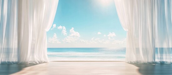 Serene Beach View Through Sheer Curtains with Natural Light Illuminating Vintage Room and Blank Space for Text or Design Elements